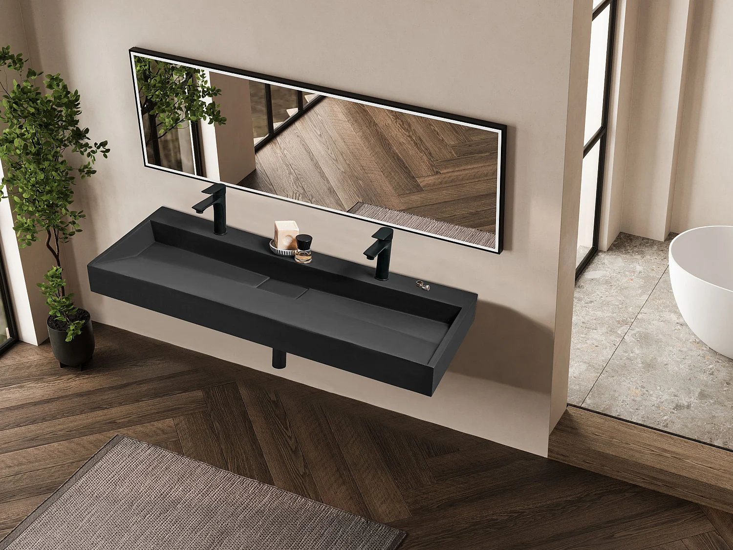 Lavabo doppio a muro nero 120 x 46 cm QUENKO