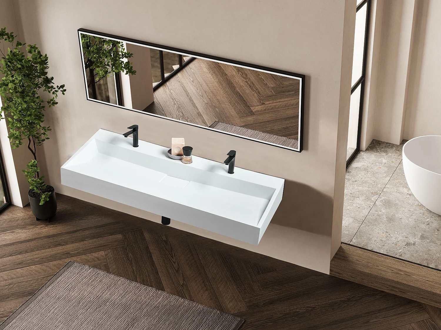 Dubbele wastafel mineraalgietwerk wit 120 x 46 cm QUENKO