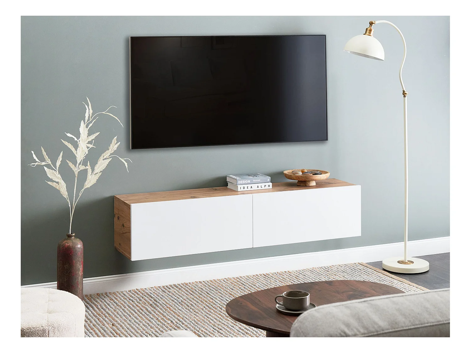 TV-Möbel schmal wandhängend Holzoptik weiß / braun 140 cm mit 2 Türen Gladstone