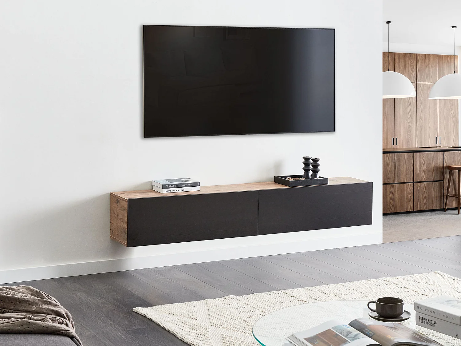 TV-Möbel schmal hängend Holzoptik schwarz / braun 180 cm mit 2 Türen Gladstone