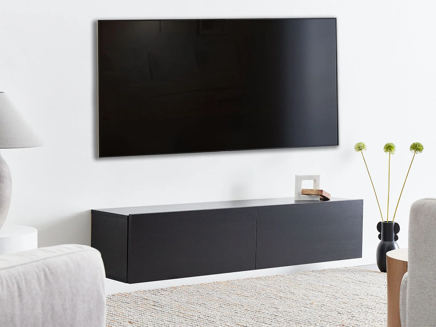 TV-Möbel schmal wandhängend Holzoptik schwarz 140 cm mit 2 Türen Gladstone