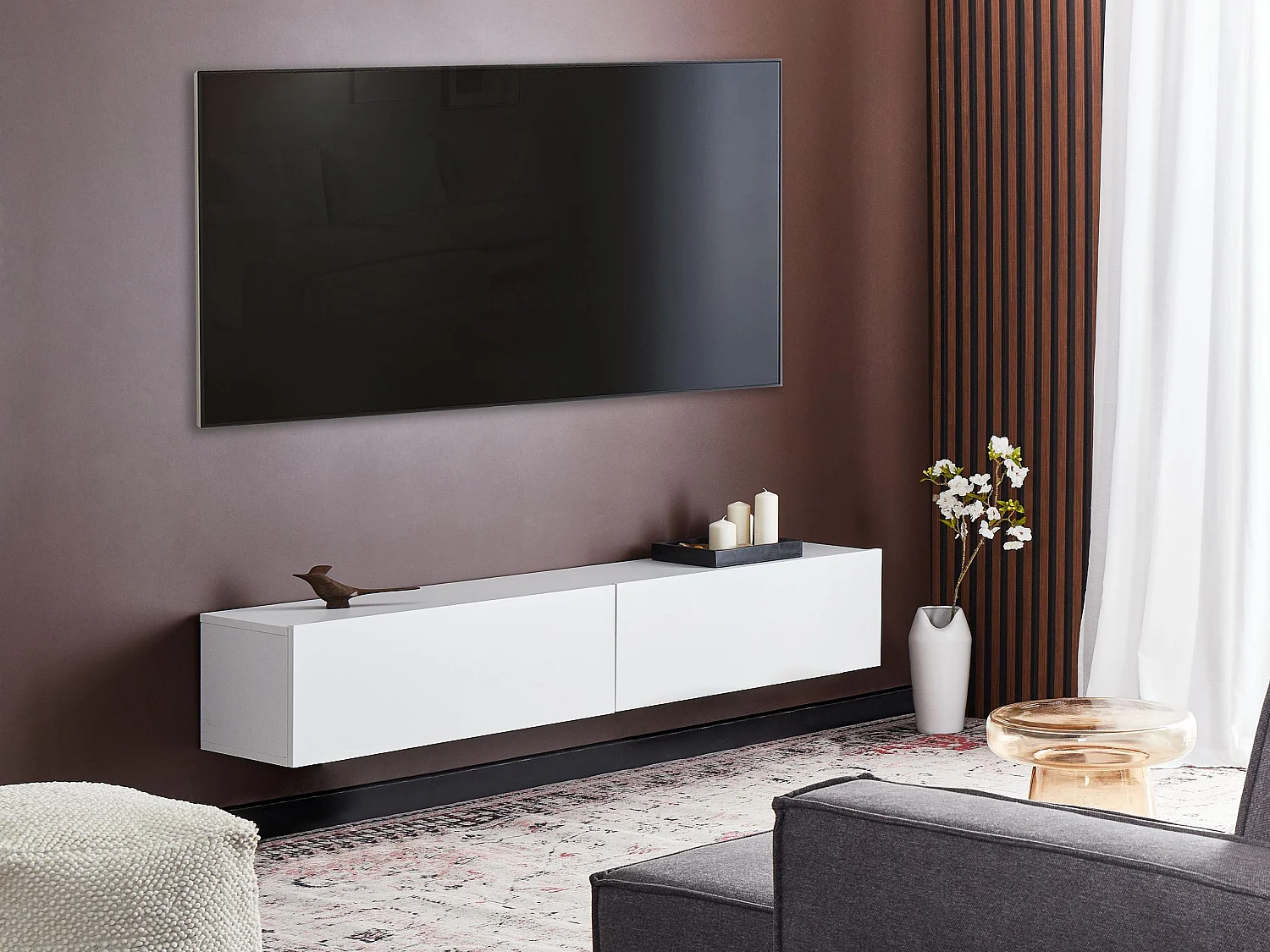 TV-Möbel schmal wandhängend weiß einfarbig 180 cm mit 2 Türen modern Gladstone