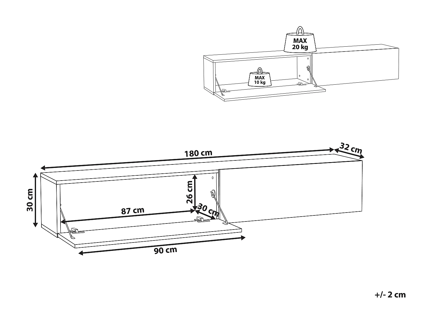TV-Möbel schmal wandhängend weiß einfarbig 180 cm mit 2 Türen modern Gladstone