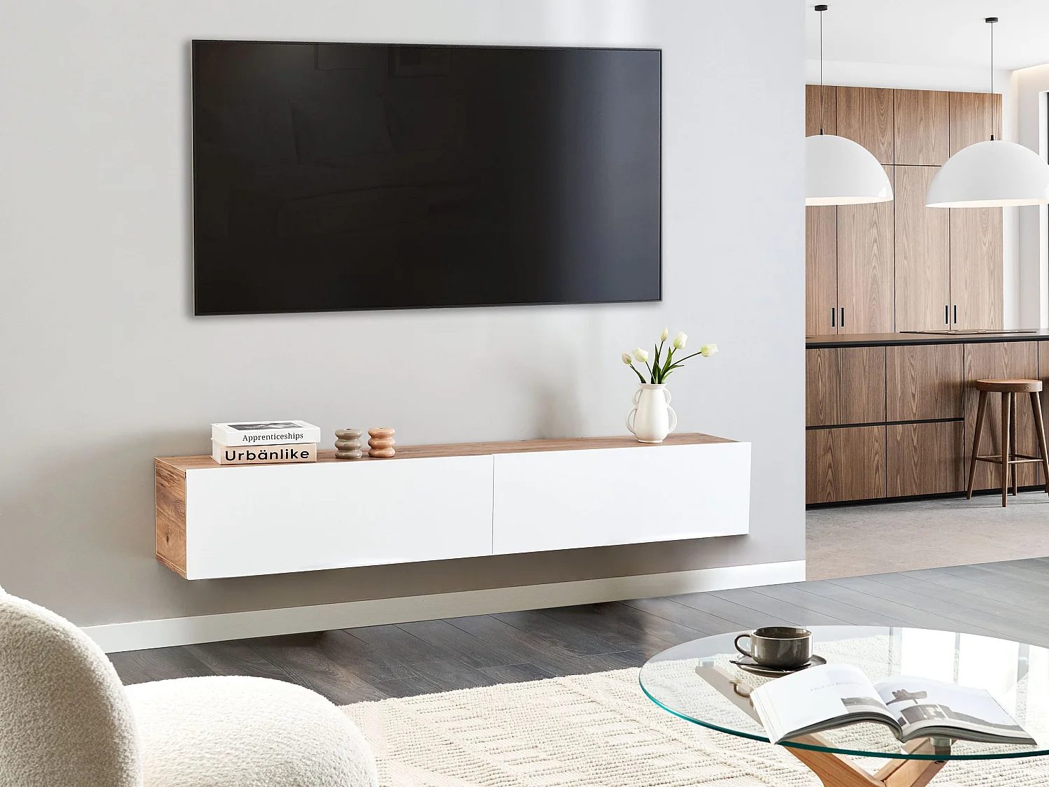 TV-Möbel schmal wandhängend Holzoptik weiß / braun 180 cm mit 2 Türen Gladstone