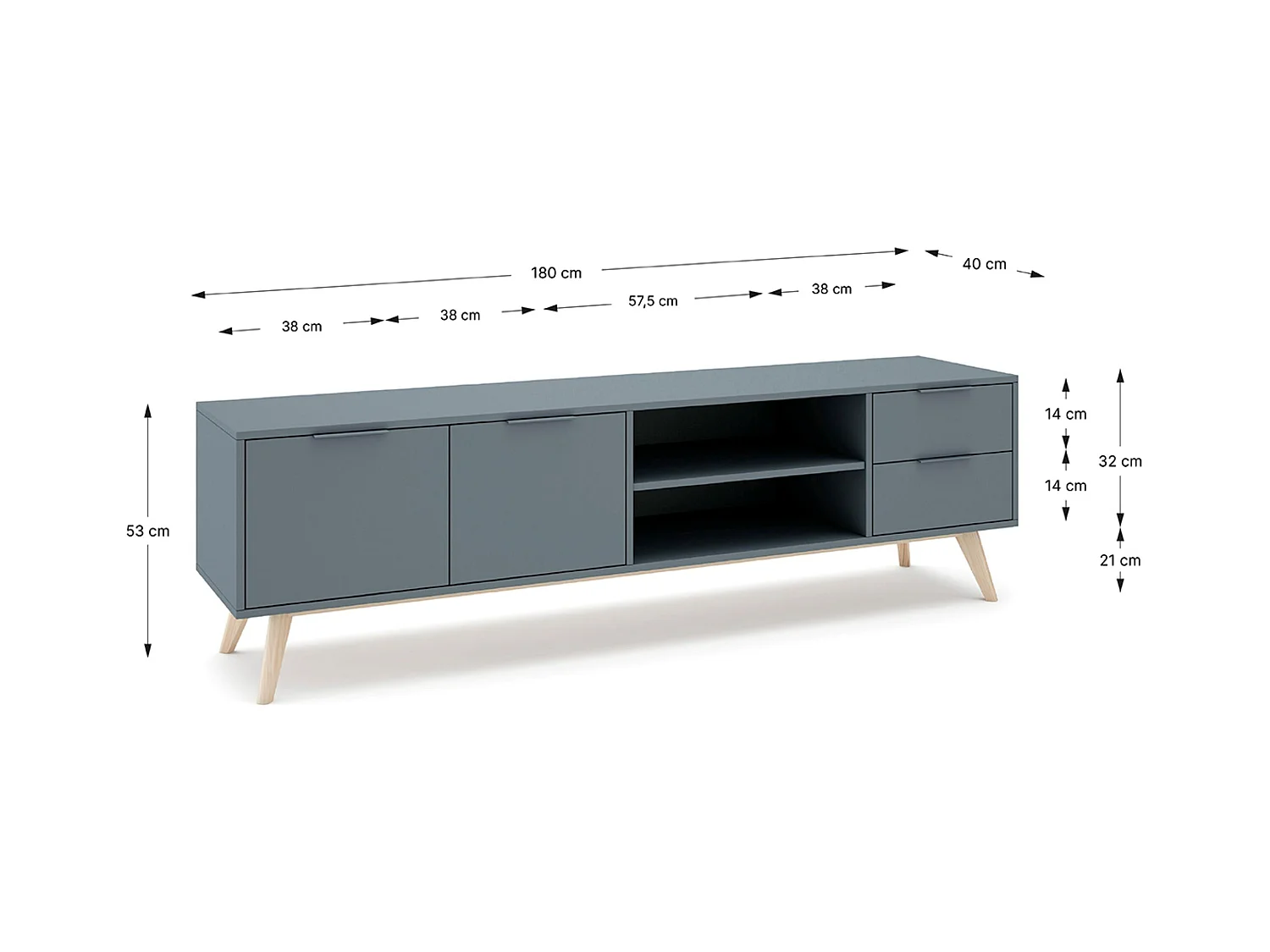 Meuble TV, Meuble de salon avec 2 portes et 2 tiroirs aspect bois coloris Vert kaki, pieds en pin coloris blanc ciré - Longueur 180 x Profondeur 40 x Hauteur 53 cm