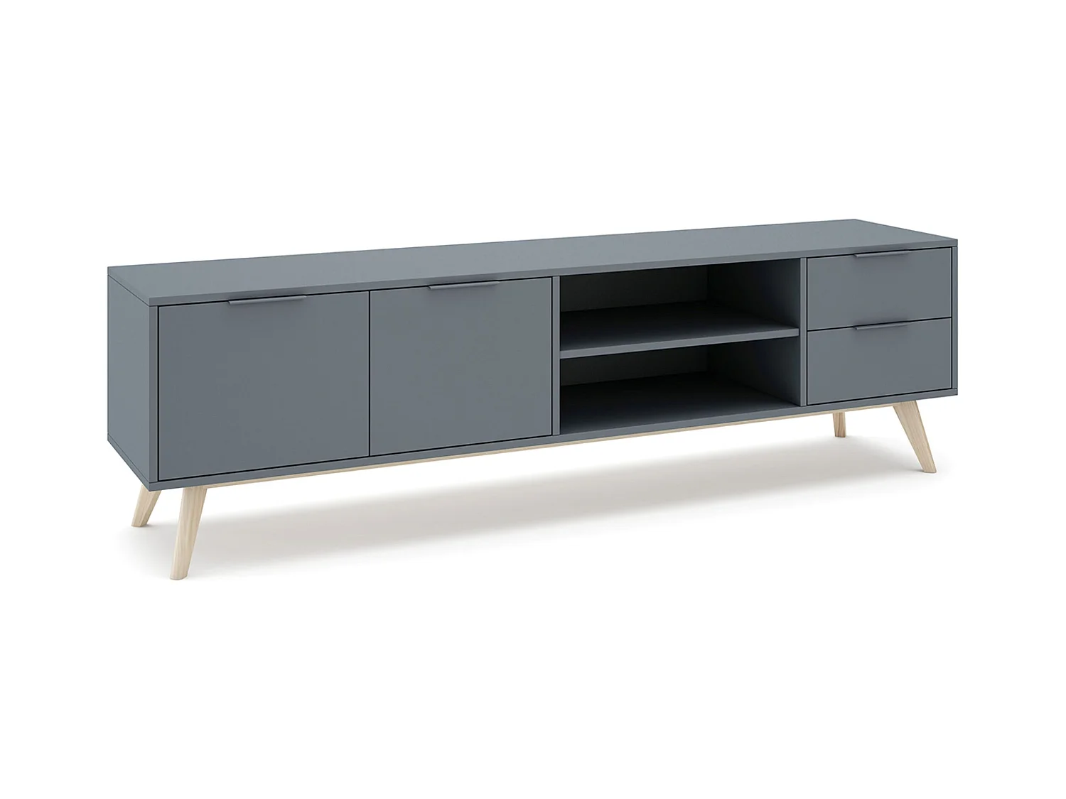 Meuble TV, Meuble de salon avec 2 portes et 2 tiroirs aspect bois coloris Vert kaki, pieds en pin coloris blanc ciré - Longueur 180 x Profondeur 40 x Hauteur 53 cm