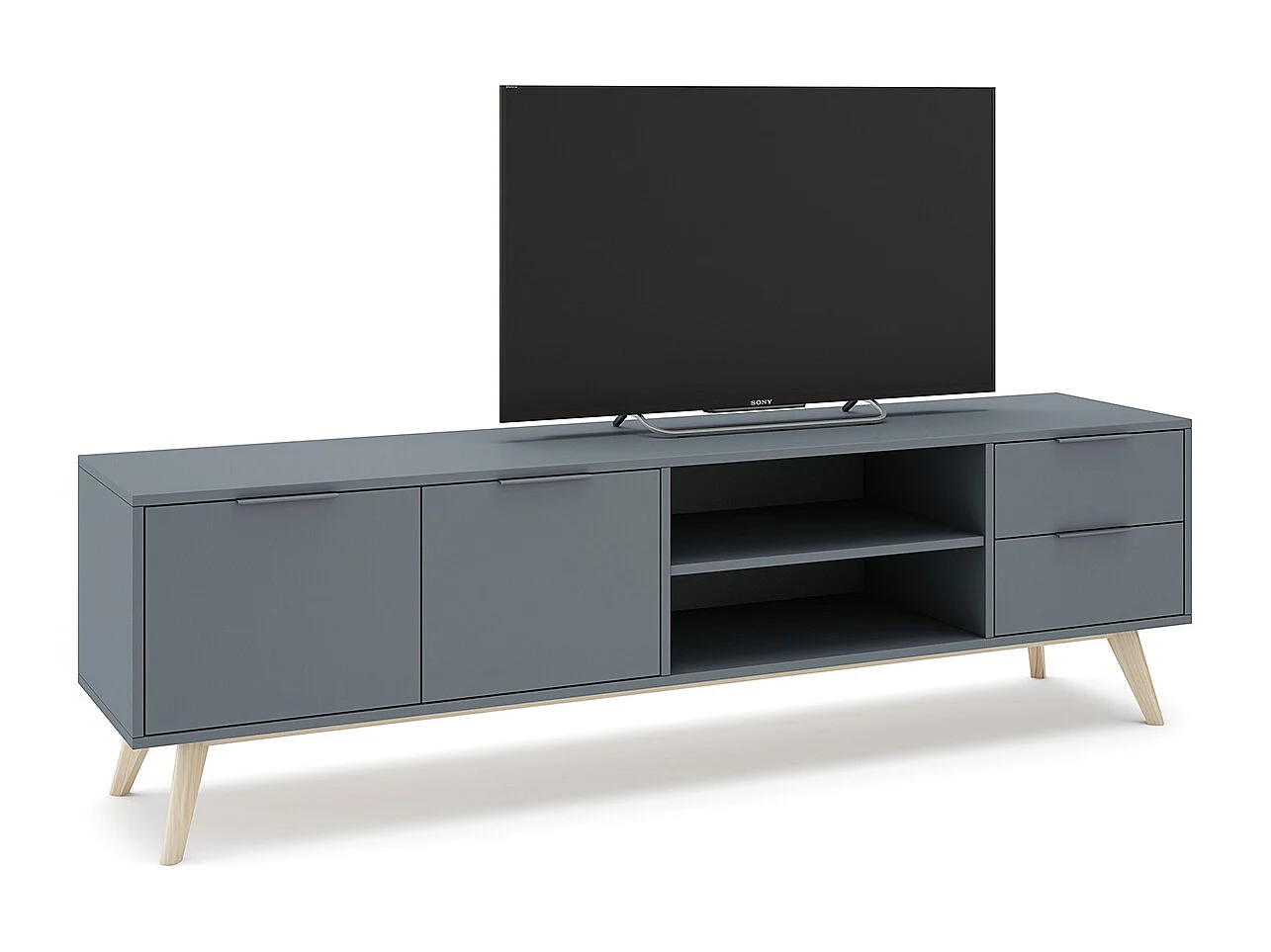 Meuble TV, Meuble de salon avec 2 portes et 2 tiroirs aspect bois coloris Vert kaki, pieds en pin coloris blanc ciré - Longueur 180 x Profondeur 40 x Hauteur 53 cm