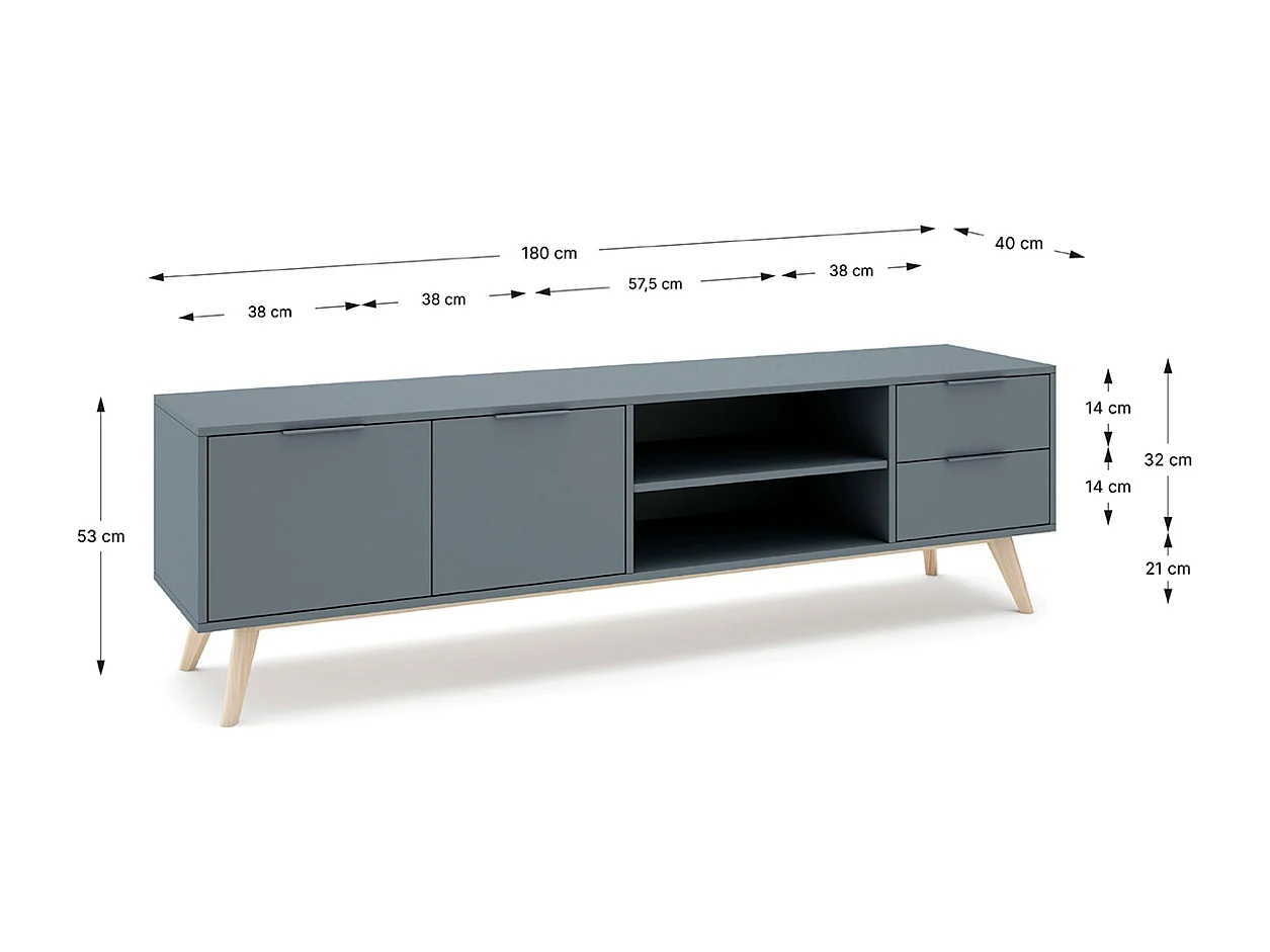 Meuble TV, Meuble de salon avec 2 portes et 2 tiroirs aspect bois coloris Vert kaki, pieds en pin coloris blanc ciré - Longueur 180 x Profondeur 40 x Hauteur 53 cm