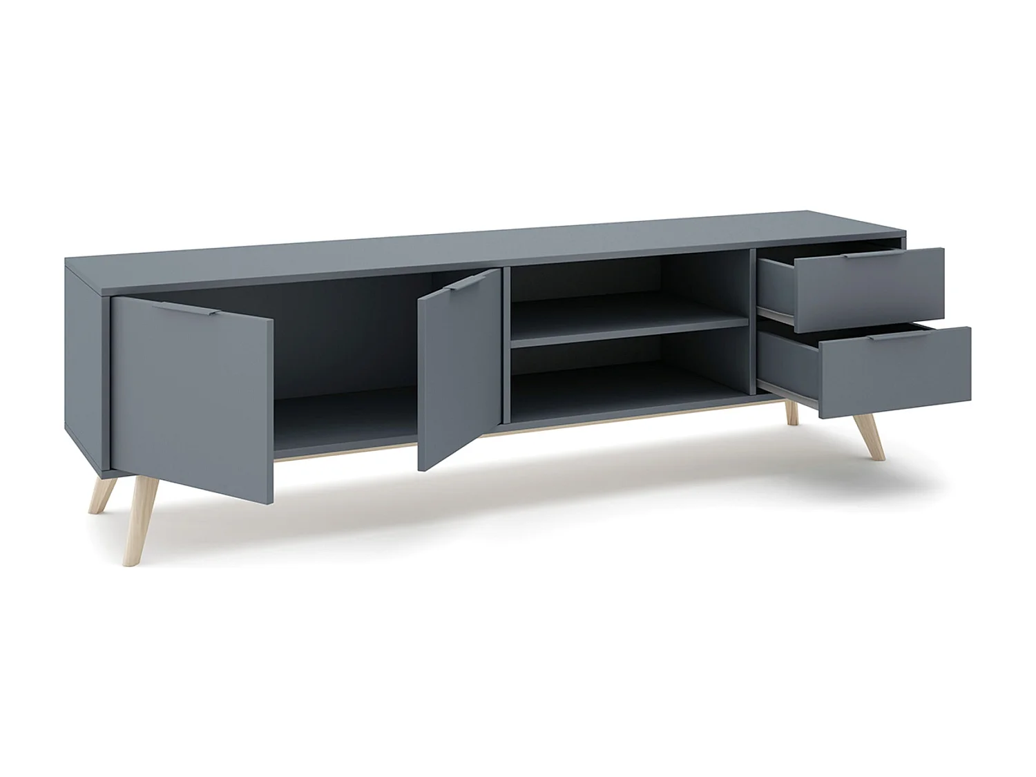 Meuble TV, Meuble de salon avec 2 portes et 2 tiroirs aspect bois coloris Vert kaki, pieds en pin coloris blanc ciré - Longueur 180 x Profondeur 40 x Hauteur 53 cm