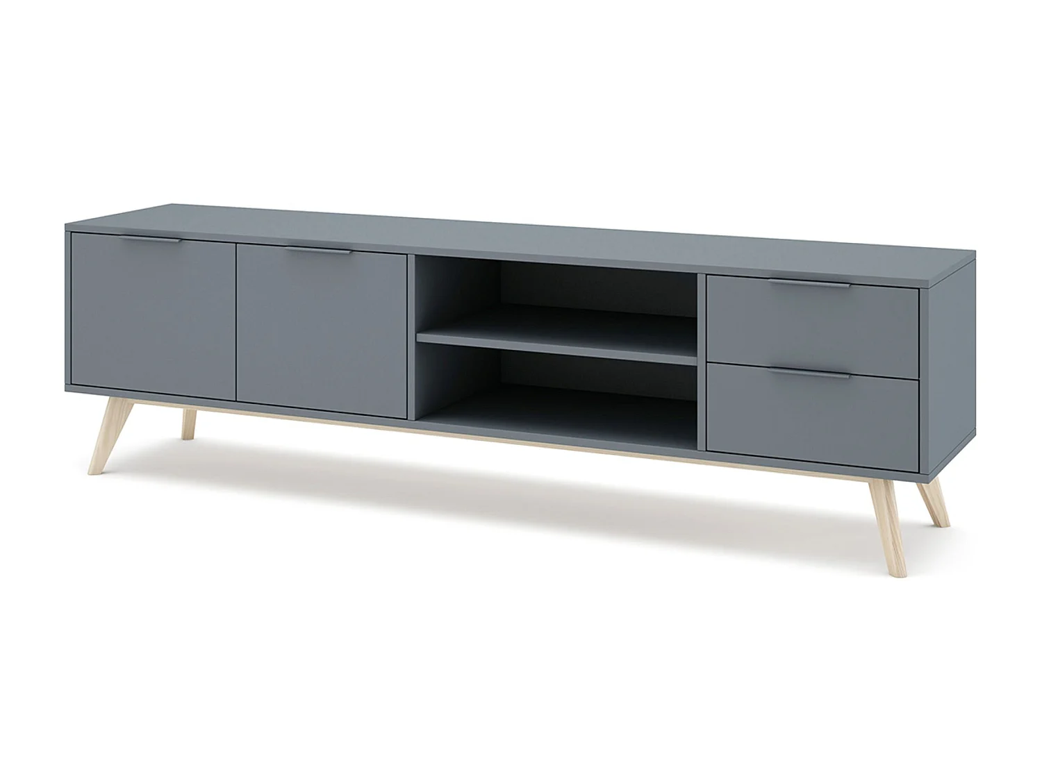 Meuble TV, Meuble de salon avec 2 portes et 2 tiroirs aspect bois coloris Vert kaki, pieds en pin coloris blanc ciré - Longueur 180 x Profondeur 40 x Hauteur 53 cm