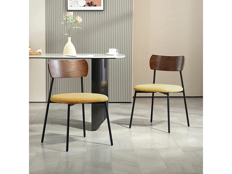 Lot de 2 chaises de salle à manger avec assise effet bouclette, dossier courbé effet bois, intérieur, jaune