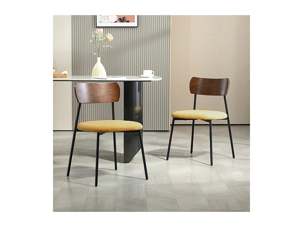Lot de 2 chaises de salle à manger avec assise effet bouclette, dossier courbé effet bois, intérieur, jaune