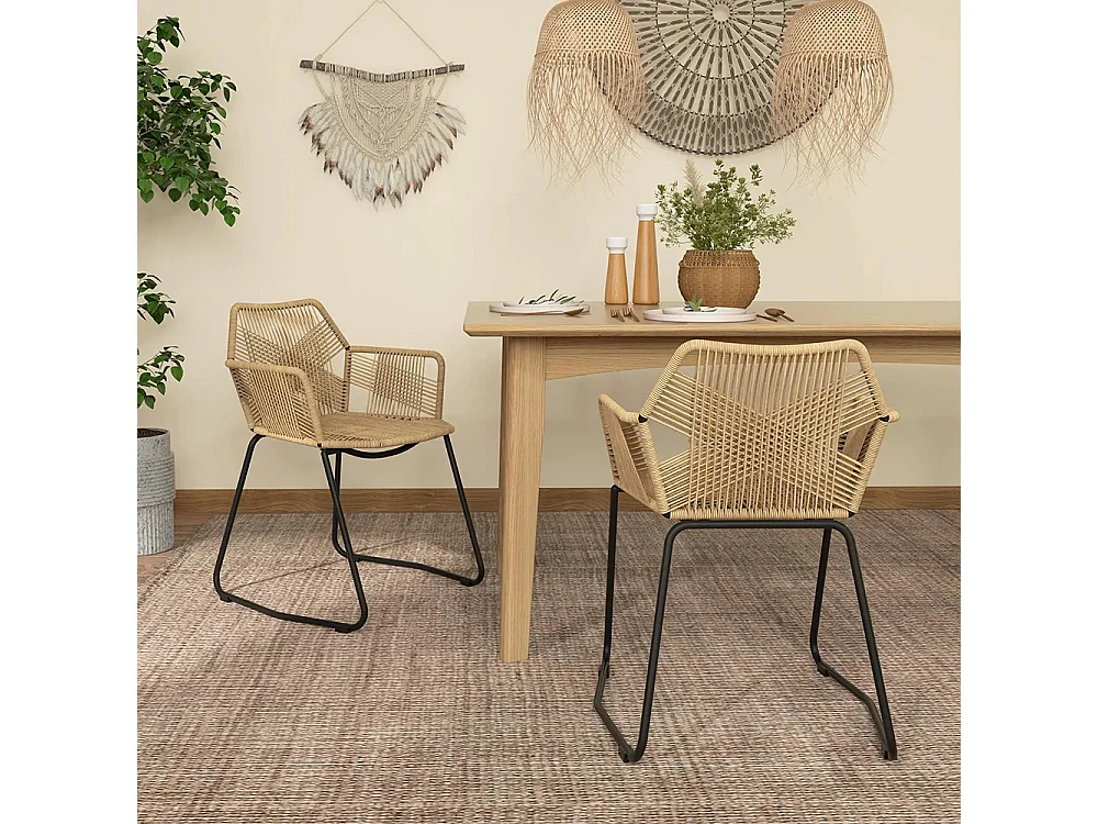 Lot de 2 chaises de salle à manger design bohème assise en corde tressée piètement en acier 56 x 59 x 74 cm