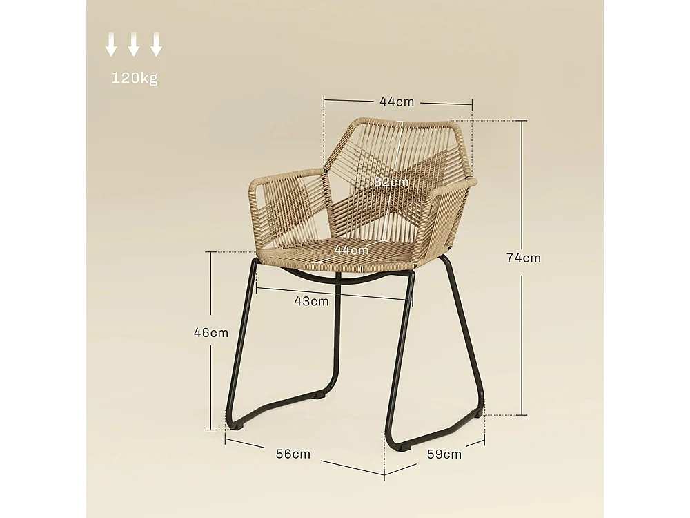 Lot de 2 chaises de salle à manger design bohème assise en corde tressée piètement en acier 56 x 59 x 74 cm