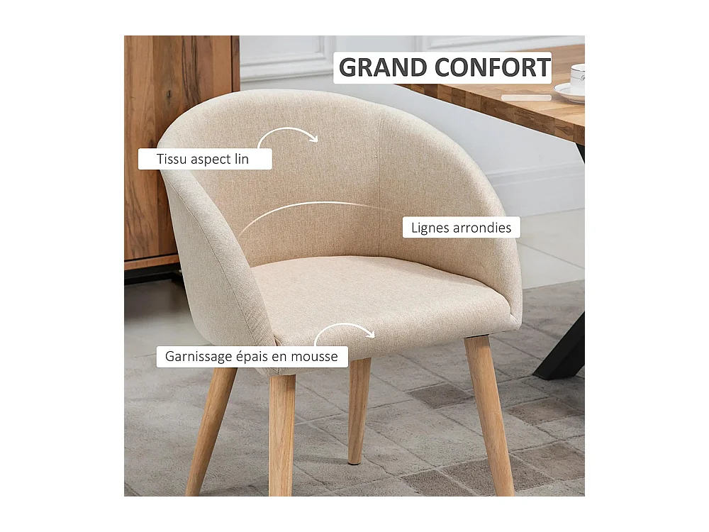 2 chaises de restaurant en bois de caoutchouc - Assise, dossier et accoudoirs ergonomiques, couleur lin