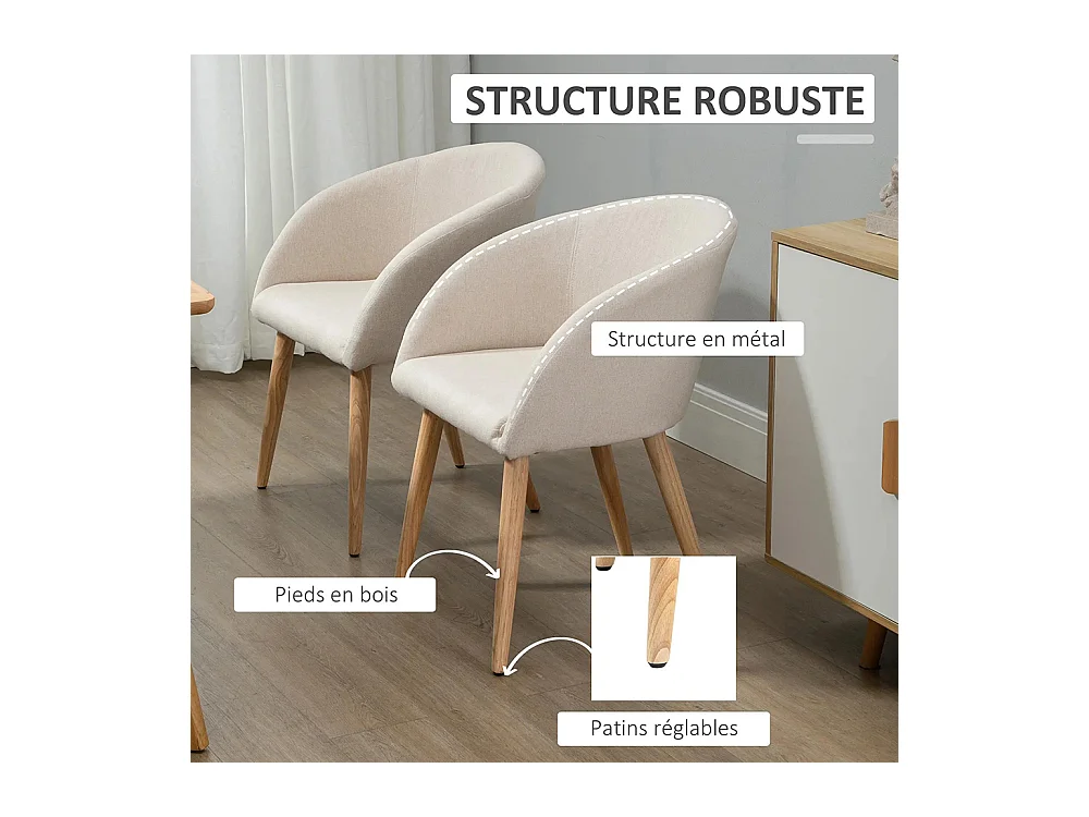 2 chaises de restaurant en bois de caoutchouc - Assise, dossier et accoudoirs ergonomiques, couleur lin