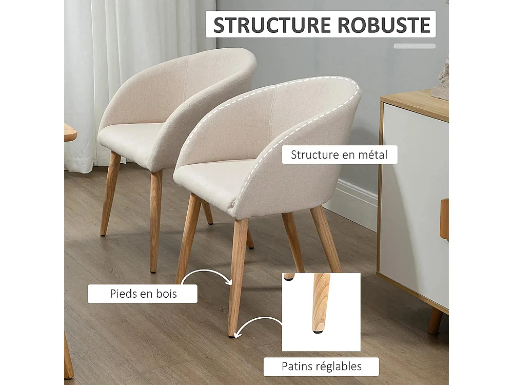 2 chaises de restaurant en bois de caoutchouc - Assise, dossier et accoudoirs ergonomiques, couleur lin