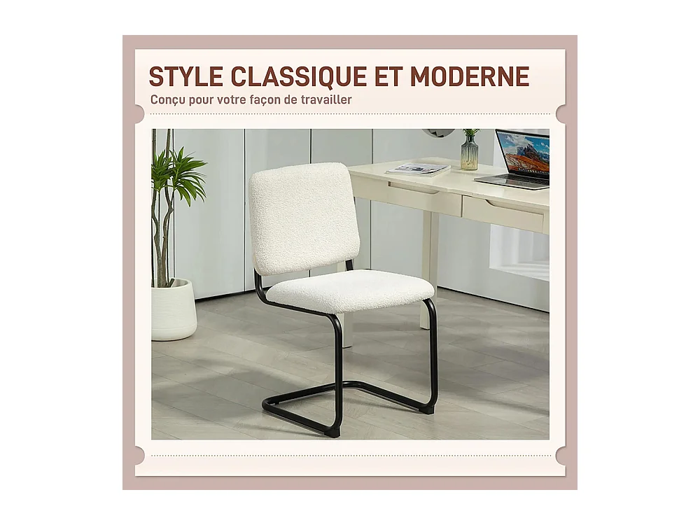 Chaise salle à manger, chaise de cuisine avec revêtement en effet laine boucleé, siège rembourré et pieds en acier crème