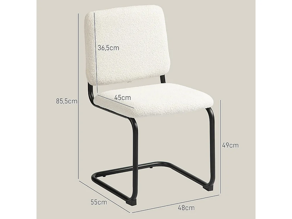 Chaise salle à manger, chaise de cuisine avec revêtement en effet laine boucleé, siège rembourré et pieds en acier crème