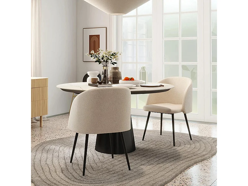 Lot de 2 chaises de salle à manger avec dossier en tissu effet laine boucleé pieds en acier 55 x 62 x 80 cm beige noir