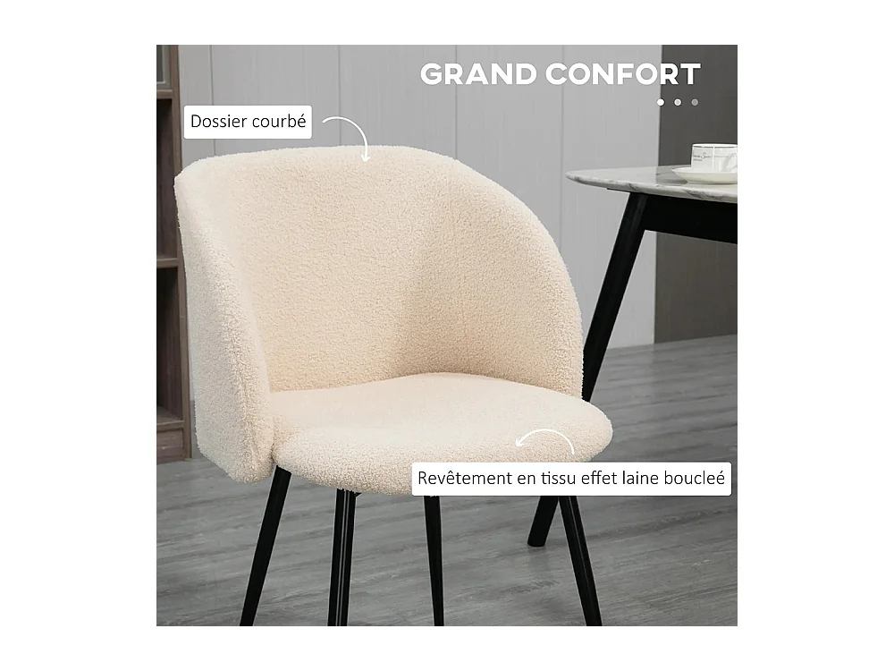 Lot de 2 chaises de salle à manger avec dossier en tissu effet laine boucleé pieds en acier 55 x 62 x 80 cm beige noir