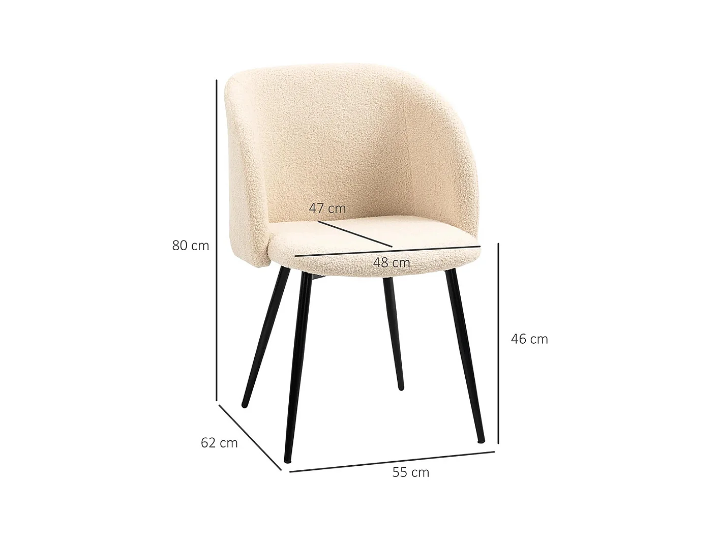 Lot de 2 chaises de salle à manger avec dossier en tissu effet laine boucleé pieds en acier 55 x 62 x 80 cm beige noir