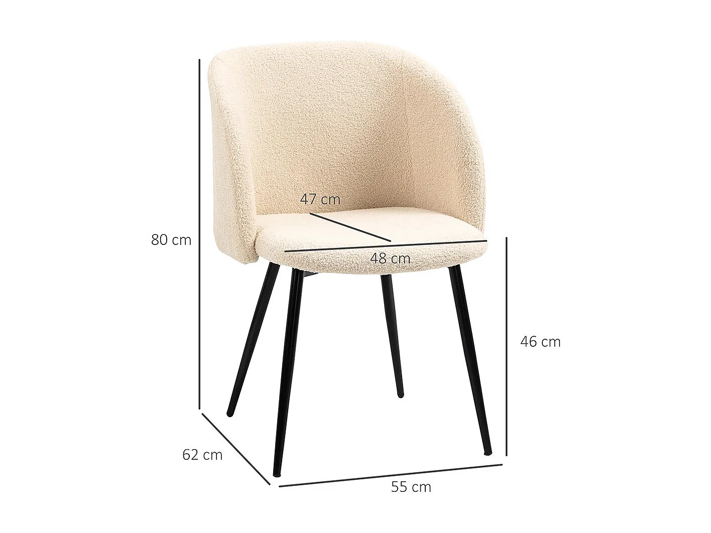 Lot de 2 chaises de salle à manger avec dossier en tissu effet laine boucleé pieds en acier 55 x 62 x 80 cm beige noir