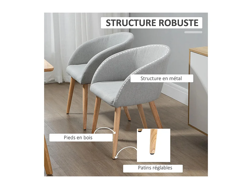 2 chaises de restaurant en bois de caoutchouc, avec assise, dossier et accoudoirs ergonomiques, finition gris lin.