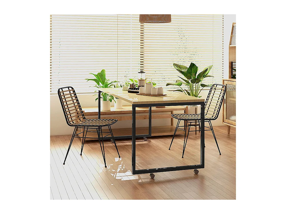 Lot de 2 chaises de salle à manger avec pied structure en acier noir, assise résine effet rotin, style bohème