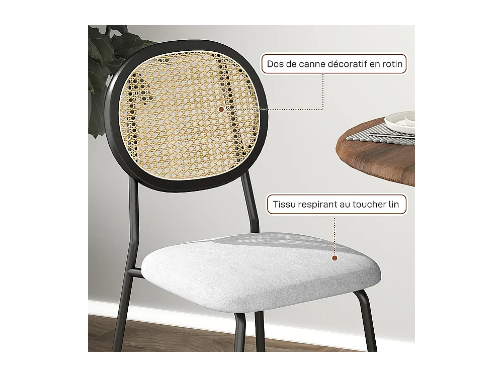 Lot de 2 chaises salle à manger chaises de cuisine dossier en rotin tissu respirant cadre acier 44 x 54 x 87 cm gris