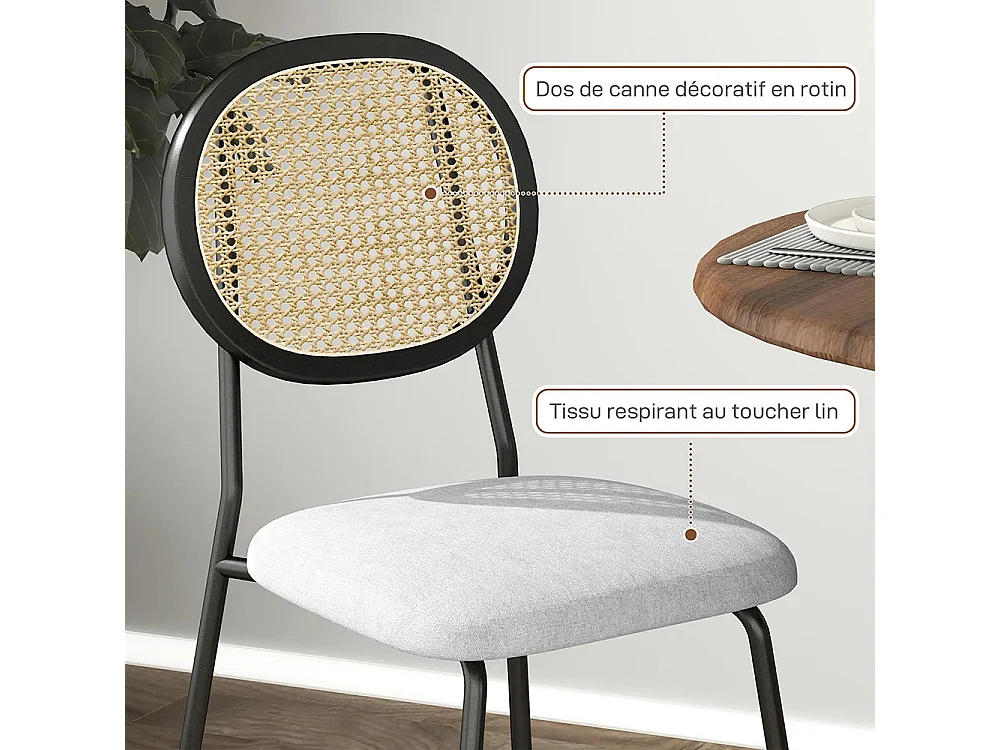 Lot de 2 chaises salle à manger chaises de cuisine dossier en rotin tissu respirant cadre acier 44 x 54 x 87 cm gris