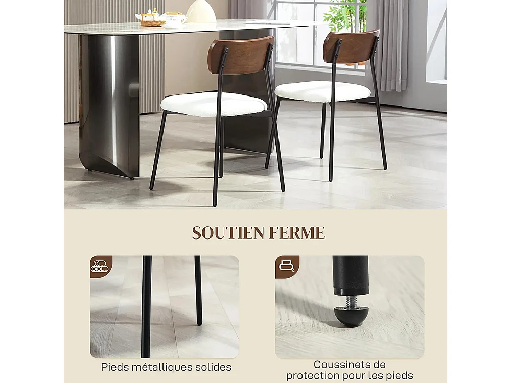 Lot de 2 chaises de salle à manger avec assise effet bouclette, dossier courbé effet bois, intérieur, crème