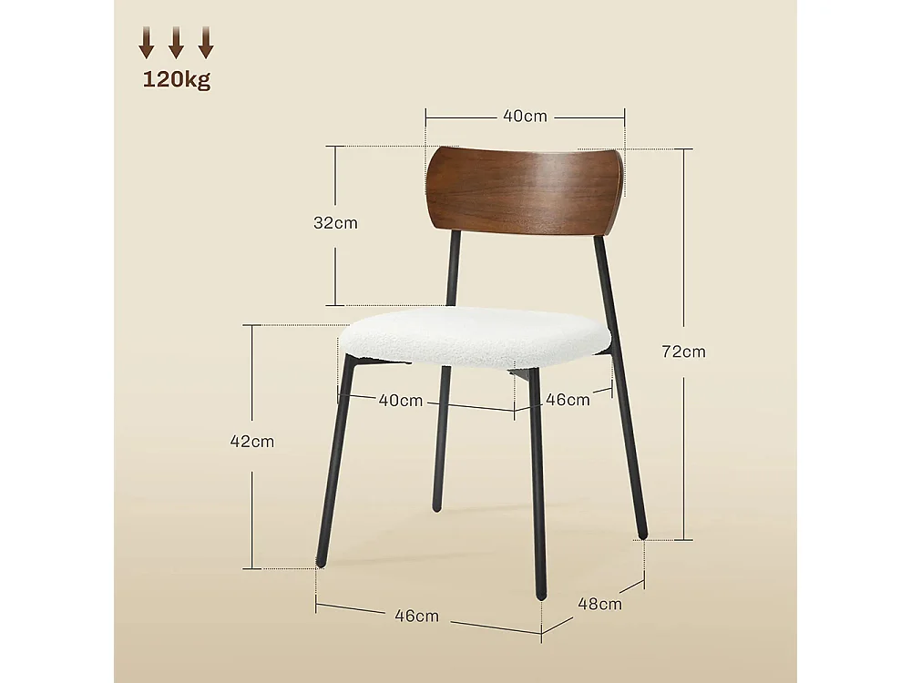 Lot de 2 chaises de salle à manger avec assise effet bouclette, dossier courbé effet bois, intérieur, crème