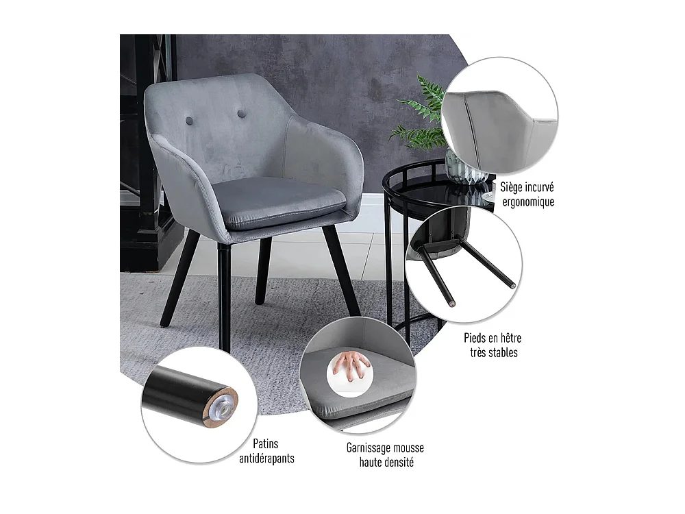 Chaises de salle à manger chaise de cuisine chaises de salon scandinave - Lot de 2 - Pieds effilés Bois Noir - Velours Gris