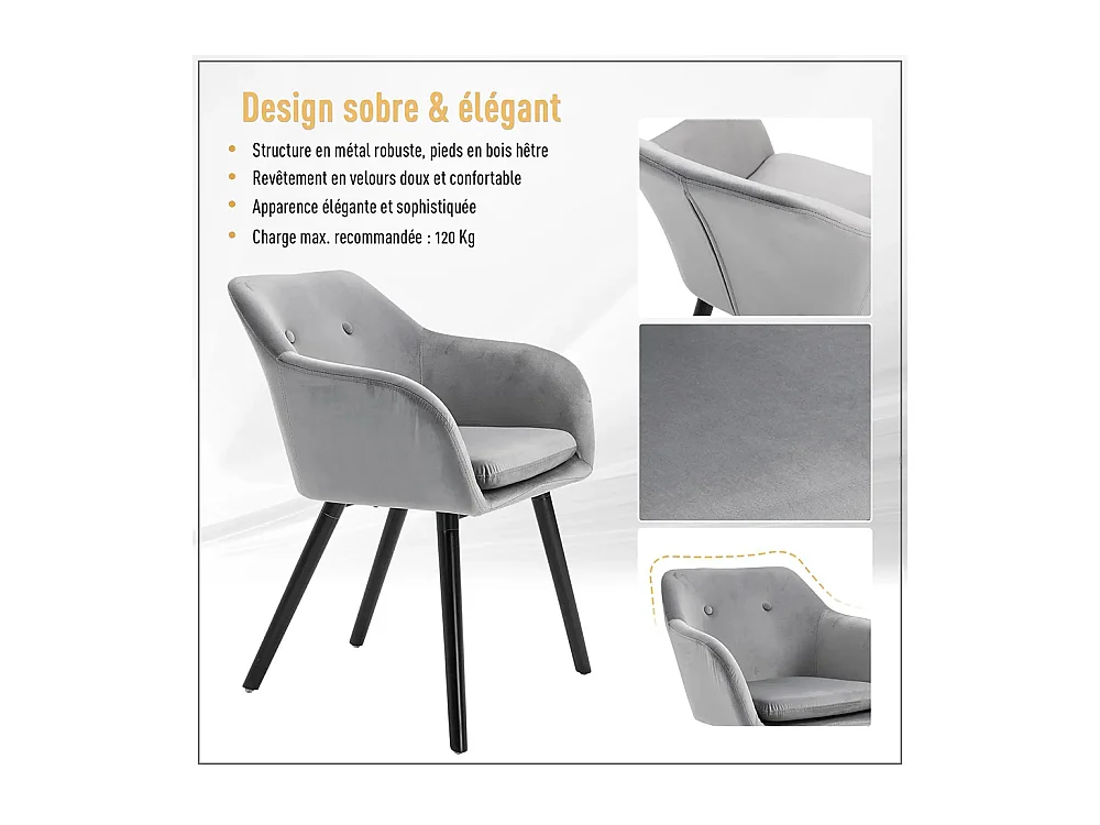 Chaises de salle à manger chaise de cuisine chaises de salon scandinave - Lot de 2 - Pieds effilés Bois Noir - Velours Gris