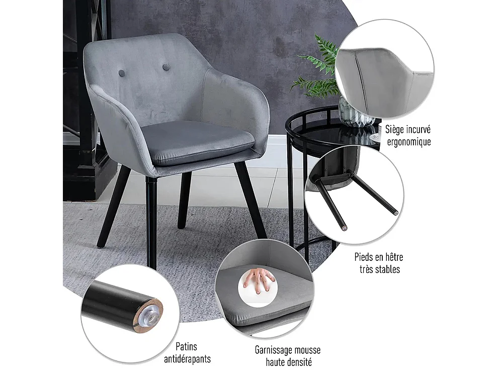 Chaises de salle à manger chaise de cuisine chaises de salon scandinave - Lot de 2 - Pieds effilés Bois Noir - Velours Gris