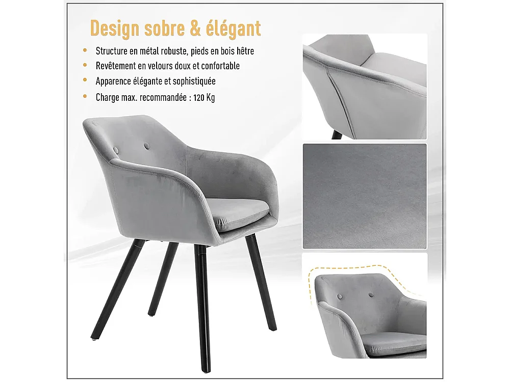 Chaises de salle à manger chaise de cuisine chaises de salon scandinave - Lot de 2 - Pieds effilés Bois Noir - Velours Gris