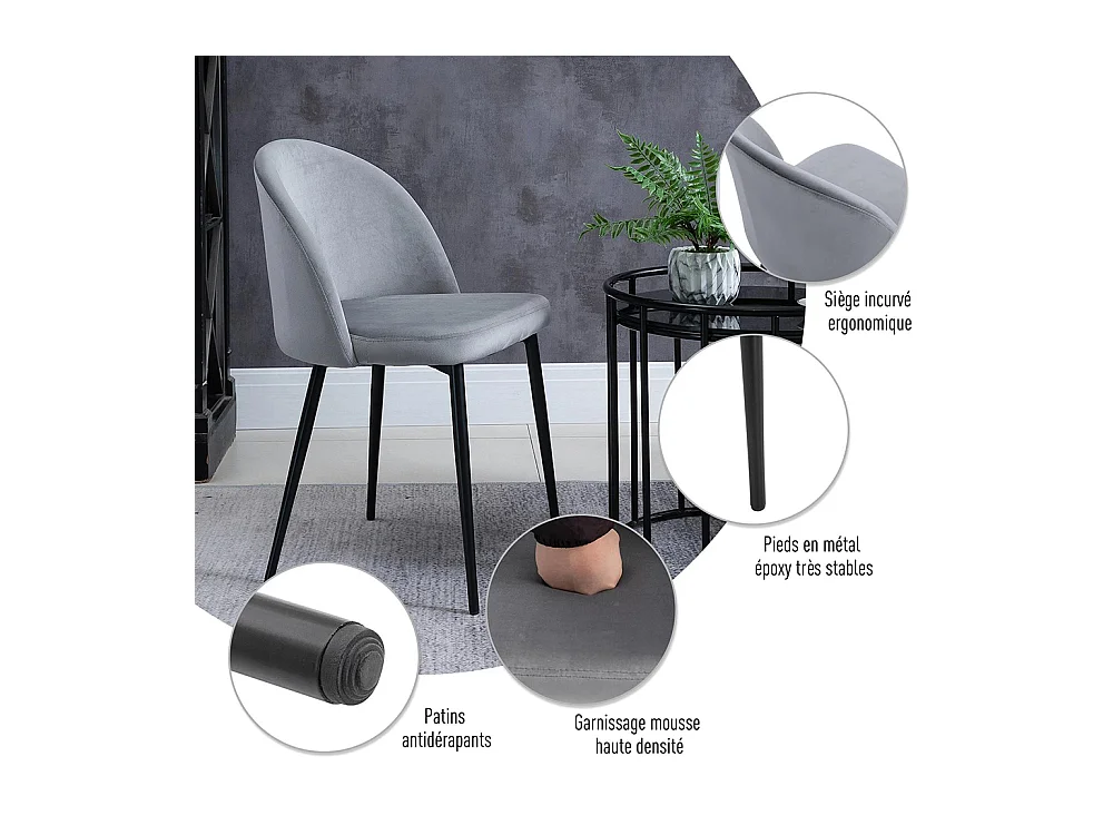 Lot de 2 chaises salle à manger chaise de cuisine scandinave chaise en velours rembourrée avec pieds effilés en métal, pour salon, salle à manger, gris