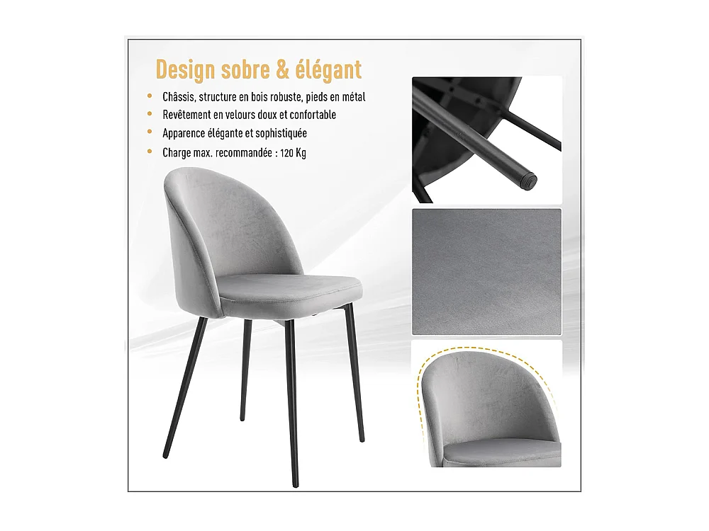 Lot de 2 chaises salle à manger chaise de cuisine scandinave chaise en velours rembourrée avec pieds effilés en métal, pour salon, salle à manger, gris