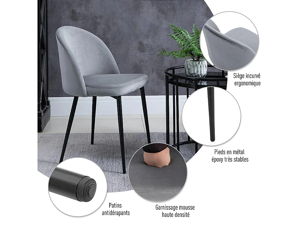 Lot de 2 chaises salle à manger chaise de cuisine scandinave chaise en velours rembourrée avec pieds effilés en métal, pour salon, salle à manger, gris