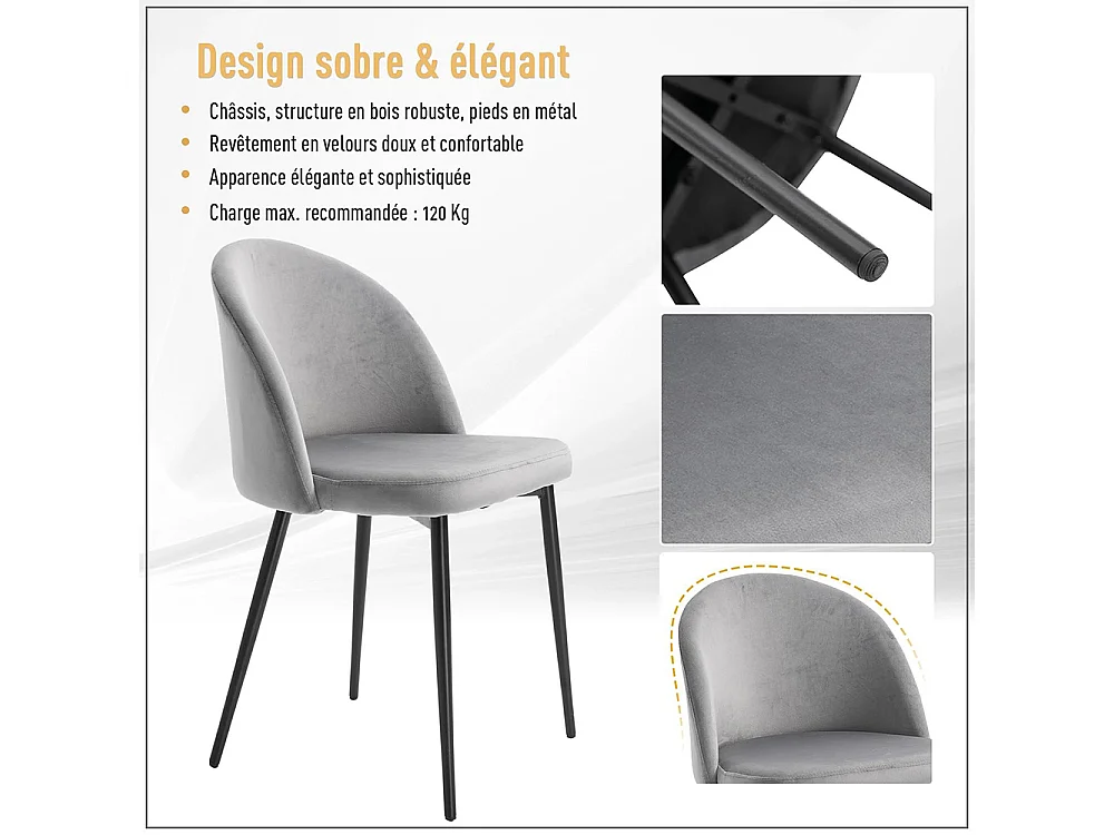 Lot de 2 chaises salle à manger chaise de cuisine scandinave chaise en velours rembourrée avec pieds effilés en métal, pour salon, salle à manger, gris