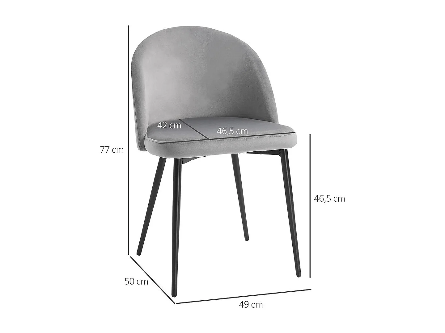 Lot de 2 chaises salle à manger chaise de cuisine scandinave chaise en velours rembourrée avec pieds effilés en métal, pour salon, salle à manger, gris