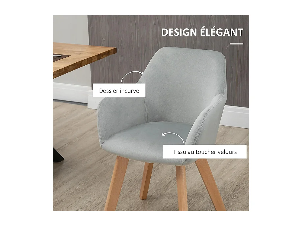 Lot de 2 chaises de salle à manger Fauteuil Assise rembourrée en tissu effet velours Pieds en bois, gris