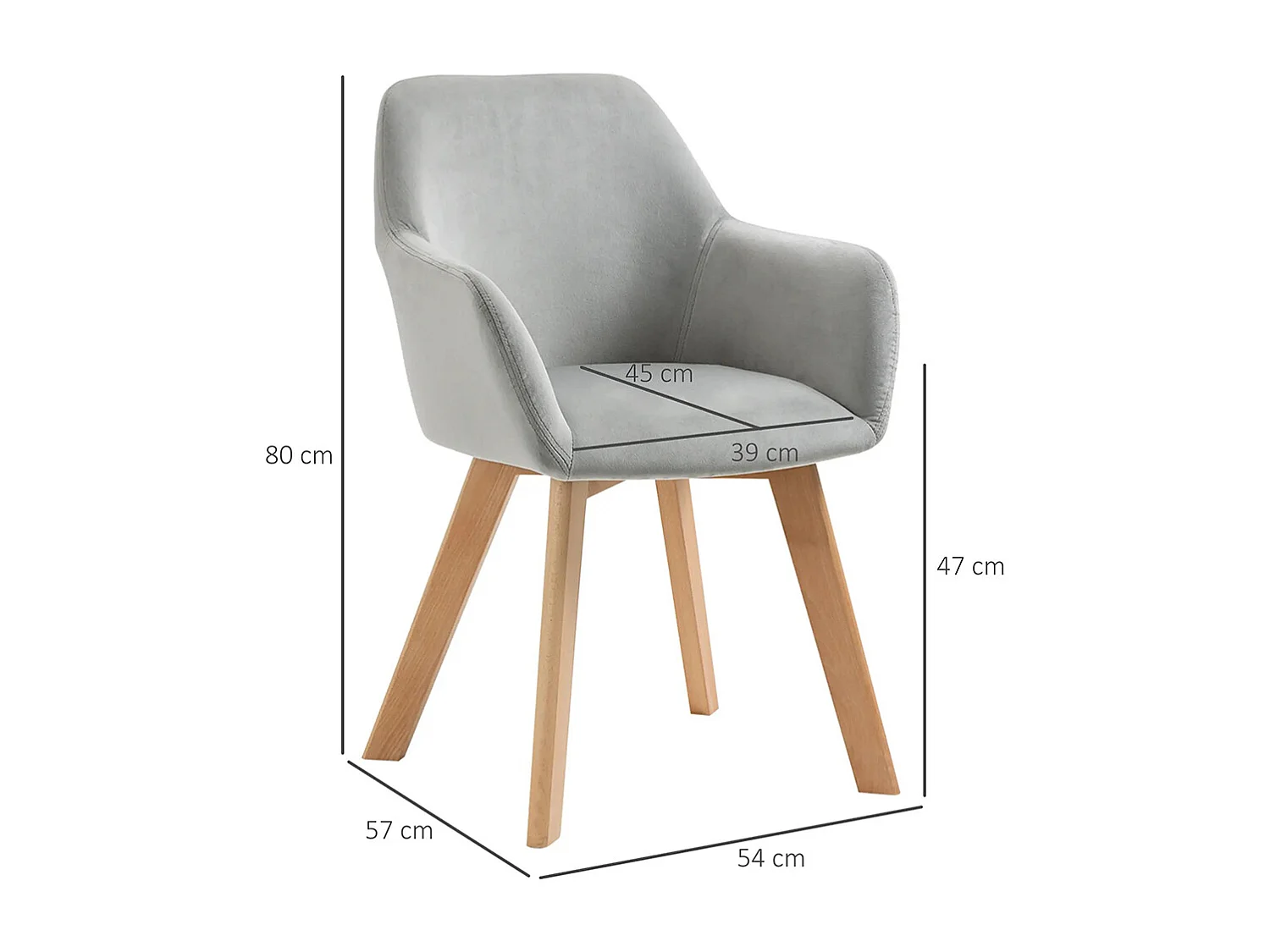 Lot de 2 chaises de salle à manger Fauteuil Assise rembourrée en tissu effet velours Pieds en bois, gris