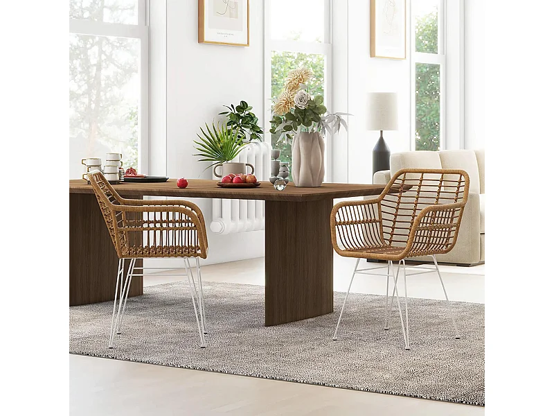 Lot de 2 chaises fauteuils de salle à mager design bohème assise en résine tressée piètement en acier blanc