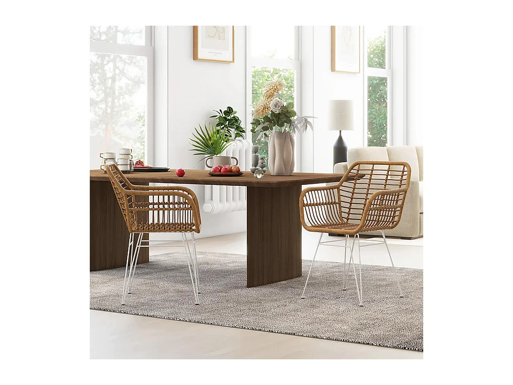 Lot de 2 chaises fauteuils de salle à mager design bohème assise en résine tressée piètement en acier blanc