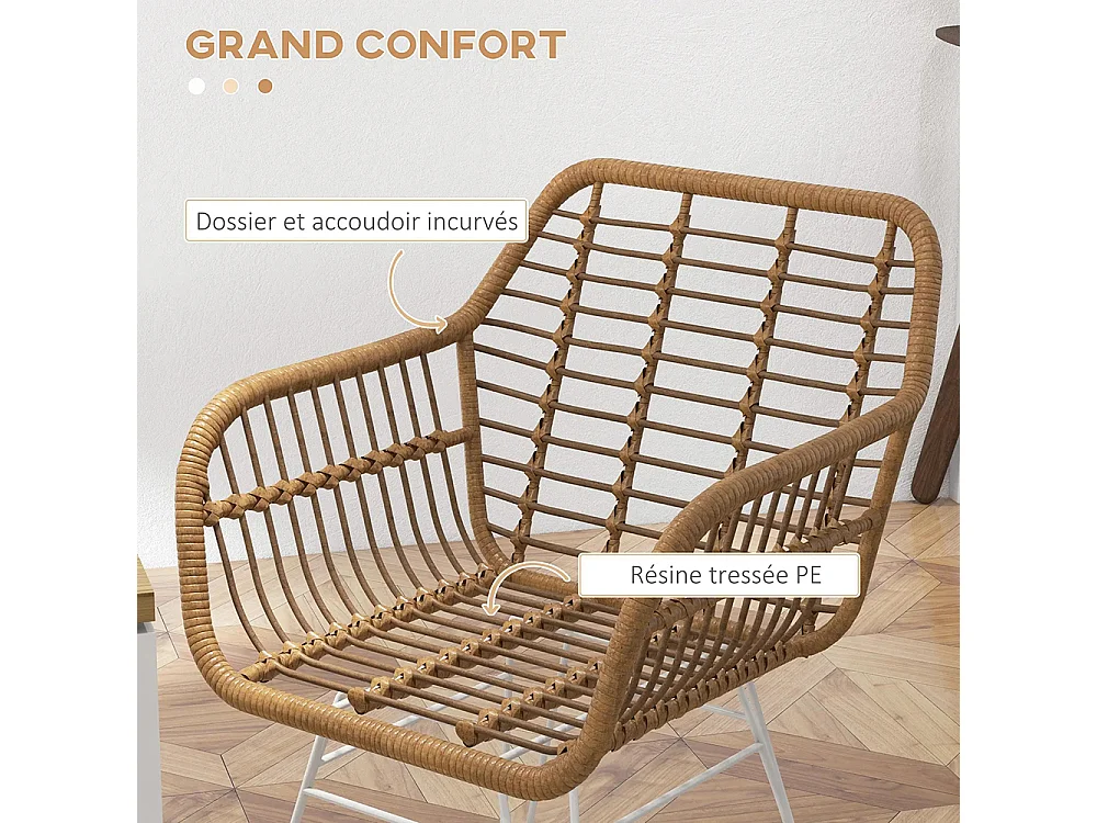 Lot de 2 chaises fauteuils de salle à mager design bohème assise en résine tressée piètement en acier blanc