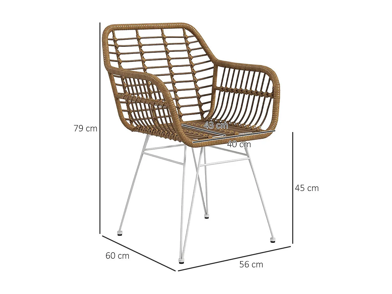 Lot de 2 chaises fauteuils de salle à mager design bohème assise en résine tressée piètement en acier blanc