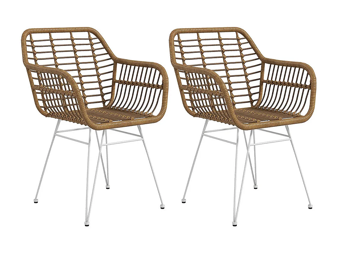 Lot de 2 chaises fauteuils de salle à mager design bohème assise en résine tressée piètement en acier blanc