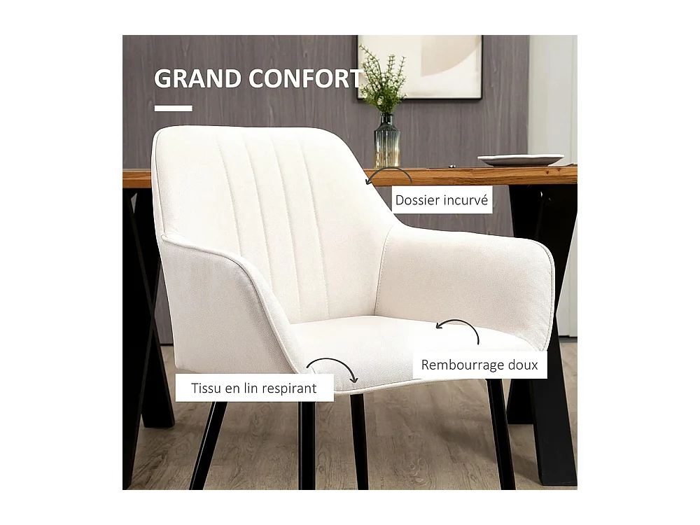 Chaises de Salle à Manger Chaises de Visiteur Design scandinave - Lot de 2 chaises - Pieds effilés métal Noir - Assise Dossier accoudoirs ergonomiques Lin Beige